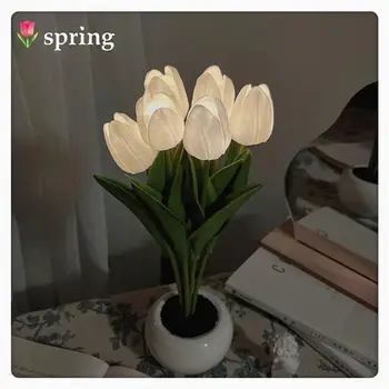 Tulpės Dirbtinės Gėlės LED Nakties Šviesos Viešbutis Miegamojo Lovos Vestuvių Stalo Lempa Dekoratyvinis Atmosferą Miegamajame Nakties Šviesos