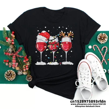 Moterų Vyno taurė Kalėdų Skrybėlės Black Marškinėliai Kalėdos, Kalėdos Dovanos Animacinių filmų Top Marškinėlius Harajuku Mados Naujųjų Metų T-shirt