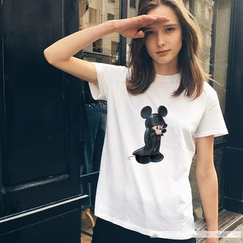 Mados Disney Mickey Mouse Spausdinti Moterų Marškinėliai Animacinių Filmų Aukštos Kokybės Grafikos Moterų T-Shirt O Kaklas Baltas Vasaros Naują Lady Viršūnės