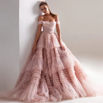 Sevintage Dusty Pink Ilgai Prom Dresses Brangioji Mėta Tiulio Raukiniai, Vakaro Suknelės Off Peties Pakopų-Line Šalis Suknelė