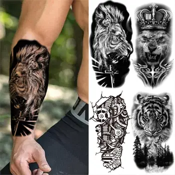 Tikroviškos Liūtas Kryžiaus Laikinos Tatuiruotės Vyrams, Moterims, Crown Roboto Ranka Tigras Miško Netikrą Tatuiruotę Lipduką 
