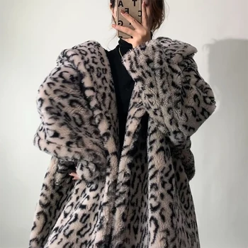 Nekilnojamojo Kailių Paltai Moterims Žiemos 2022 Naujų korėjos atsitiktinis siluetas, Leopardas spausdinimui Ilgai Skyriuje Avių Kirpimo Švarkai шуба женская
