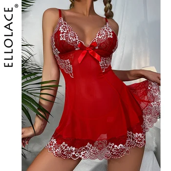 Ellolace Raudona naktiniai drabužiai Nėriniai Moterų Suknelė Deep-V Siuvinėjimo Sleepwear Bowknot Jausmingą Pižamą Sexy Hot Mini Nightdress