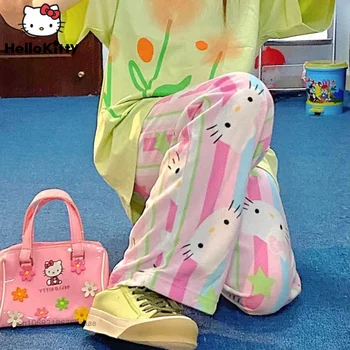 Sanrio Hello Kitty Vasaros Drabužių Moterų Harajuku Kawaii Pajama Kelnės Moterims Atsitiktinis Pločio Kojų Kelnės Y2k Minkštas Plonas Mados Kelnės