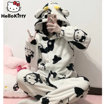 Sanrio Hello Kitty Animacinių Filmų Patogi Moterims, Pižamos Mergaitei, Mielas Gobtuvu Koralų Aksomo Žiemos Cardigan Sutirštės Pliušinis Homewear Kostiumas