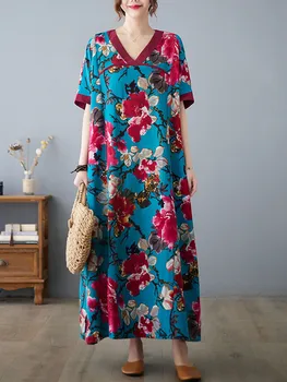 Anteef trumpas rankovės negabaritinių medvilnės skalbiniai derliaus gėlių suknelės moterims atsitiktinis palaidų ilgas vasaros suknelė elegantiškas drabužius 2022